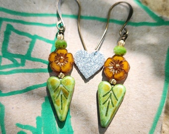 Czech Glass Heart Earrings, Boho Orange Flower Earrings, Leaf Heart Earrings. Nature Lover Earrings, Garden Earrings