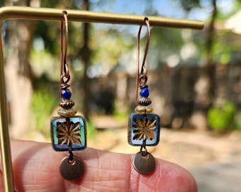 Cobalt Blue Czech Glass Square Earrings, Petite Antique Copper Dangle Earrings, Boho Starburst Tile Earrings