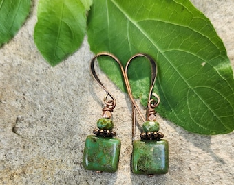 Earthy Green Square Earrings, Green Turquoise Czech Glass Earrings, Petite Copper Earrings, Tile Earrings