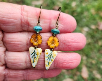 Boho Heart Czech Glass Earrings, Orange Flower Earrings, Turquoise Valentines Earrings. Leaf Heart Earrings with Picasso