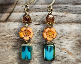 Whimsical Boho Rectangle Earrings, Boho Czech Glass Blue Earrings, Petite Orange Flower Czech Earrings, Shabby Chic Earrings