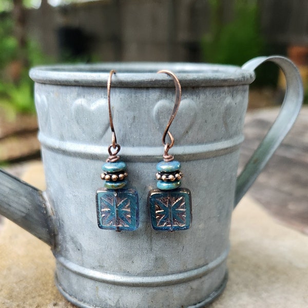 Transparent Blue Boho Square Earrings, Petite Czech Glass Starburst Tile Earrings, Copper Earrings, Mothers Day