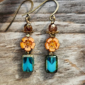 Whimsical Boho Rectangle Earrings, Boho Czech Glass Blue Earrings, Petite Orange Flower Czech Earrings, Shabby Chic Earrings
