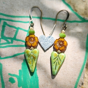 Czech Glass Heart Earrings, Boho Orange Flower Earrings, Leaf Heart Earrings. Nature Lover Earrings, Garden Earrings