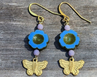 Butterfly Boho Earrings, Czech Glass Blue Flower Earrings, Nature Dangle Earrings