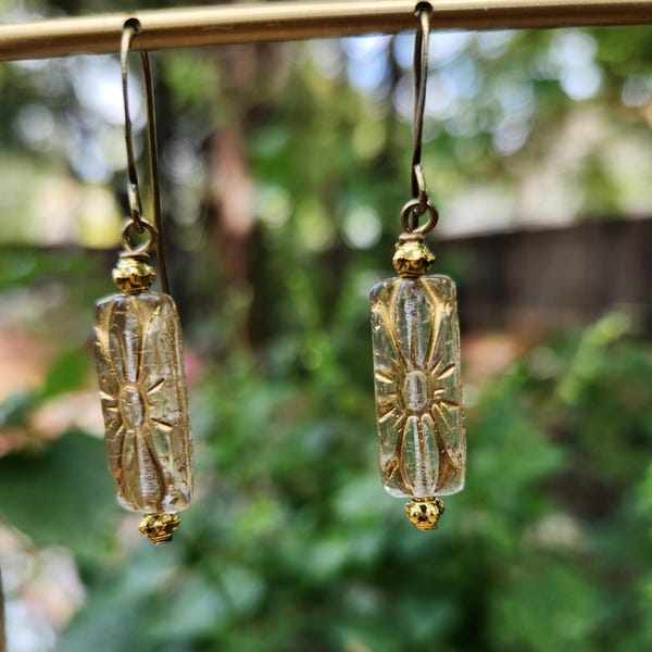 Boho Czech Glass Earrings: Gold Starburst Flower, Gold Plated Hooks, Handmade