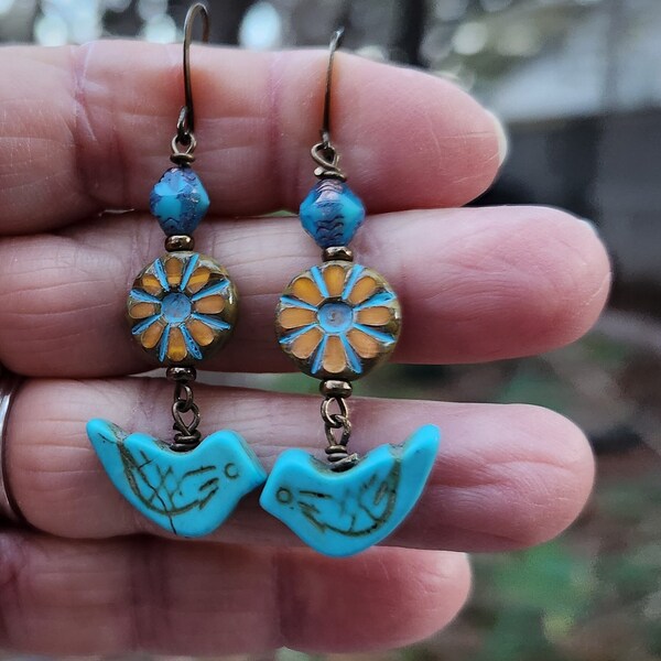 Turquoise Gemstone Bird Earrings, Turquoise  and Orange Czech Glass Flower Earrings, Boho Chic Nature Earrings, Shabby Chic
