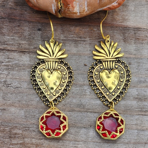 Gold Milagro Heart Earrings, Sacred Heart Earrings with Red Stone Dangles, Filigree Mexican Milagro Earrings, Frida Kahlo-Style Jewelry