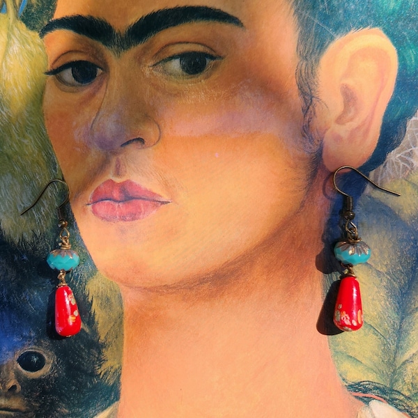 Czech Glass Dangle Earrings, Turquoise and Red Boho Earrings, Mexican Style Teardrop Earrings, Shabby Chic Earrings