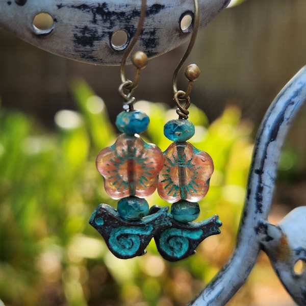 Copper Patina Bird Earrings, Petite Red Orange Czech Glass Flower Earrings, Boho Bird Earrings, Shabby Chic Earrings
