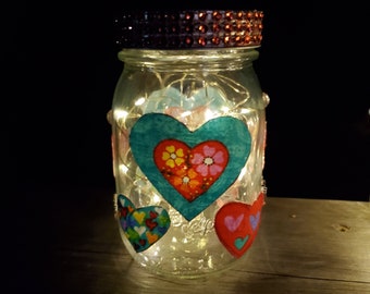 Valentine Gift for Her, Heart Jar Fairy Lights, Luminary, Decorated Mason Jar Lights, Solar Bottle Lights