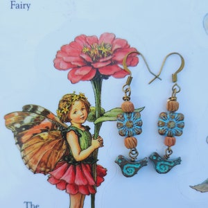 Turquoise Flower Tile Earrings, Czech Glass Earrings, Copper Patina Bird Earrings, Petite Nature Jewelry, Vintage Accent Bead Earrings