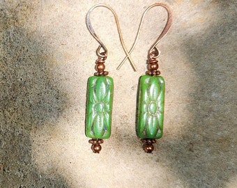 Antique Green Starburst Earrings, Petite Boho Czech Glass Earrings, Rectangle Earrings, Copper Hooks, Art Deco Flower Earrings