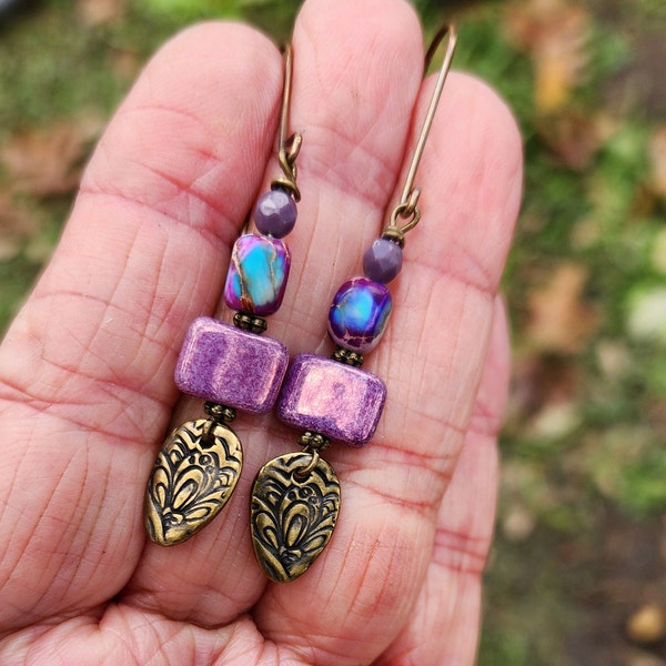 Purple Boho Earrings, Purple Czech Glass Earrings, Picture Jasper Jewelry, TierraCast Antique Brass Teardrop Earrings, Long Vintaj Hooks