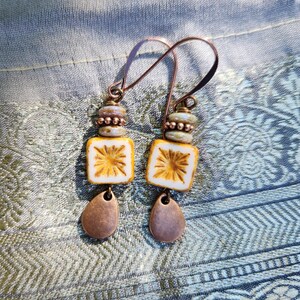 Best Seller!!! Alabaster: Earrings of Czech Glass Squares & Antique Copper Teardrops Dangles, More Than 300 Sold image 2