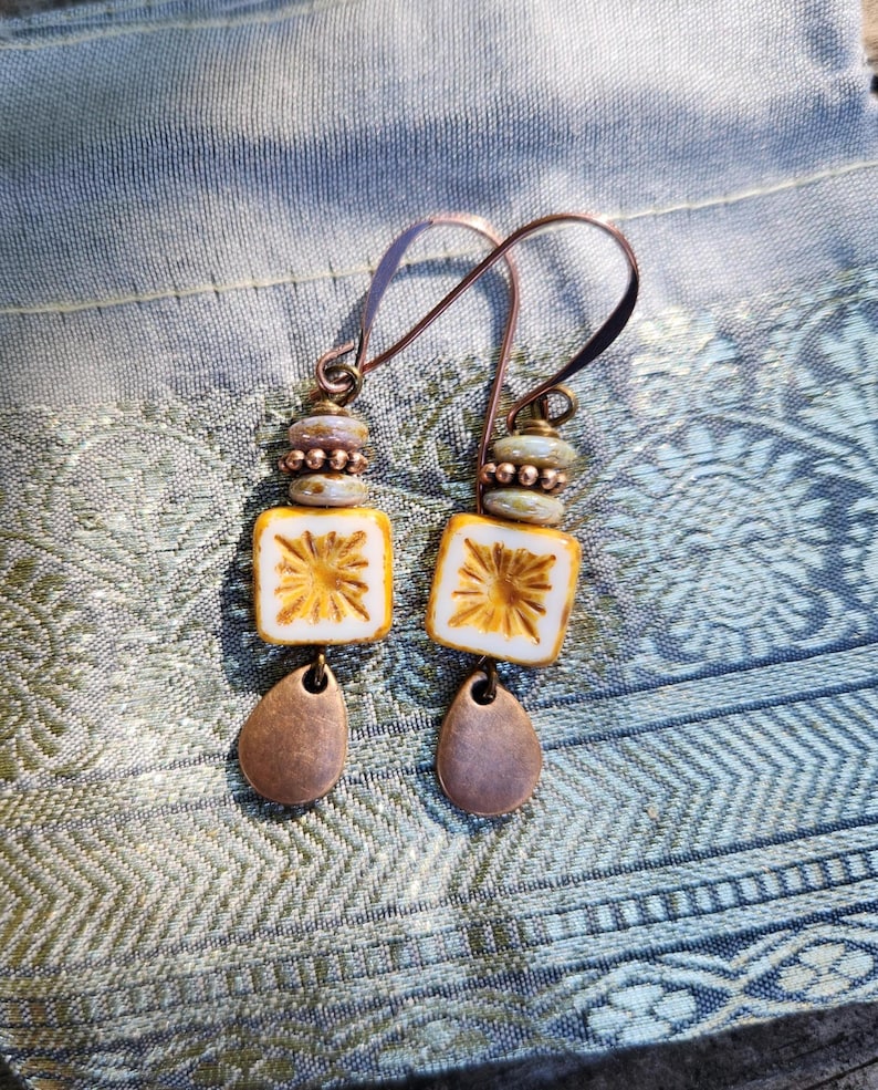 Best Seller!!! Alabaster: Earrings of Czech Glass Squares & Antique Copper Teardrops Dangles, More Than 300 Sold image 2
