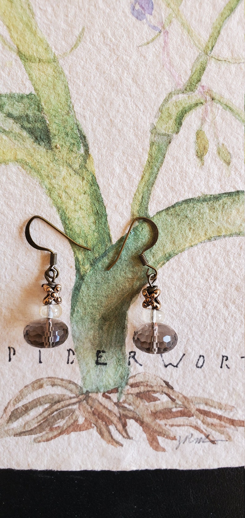 Smokie glass and brass earrings