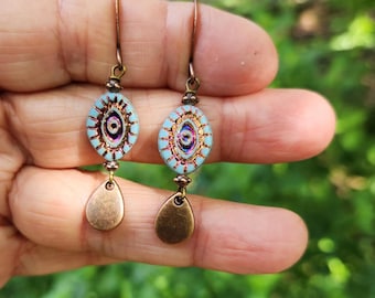 LAST ONES!!! Wonder: Earrings With Antique Copper Teardrop Dangles & Czech Glass Beads with Volcano Wash