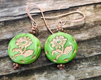 Garden Green Czech Glass Marguerite Earrings: Boho Daisy Jewelry, Handmade