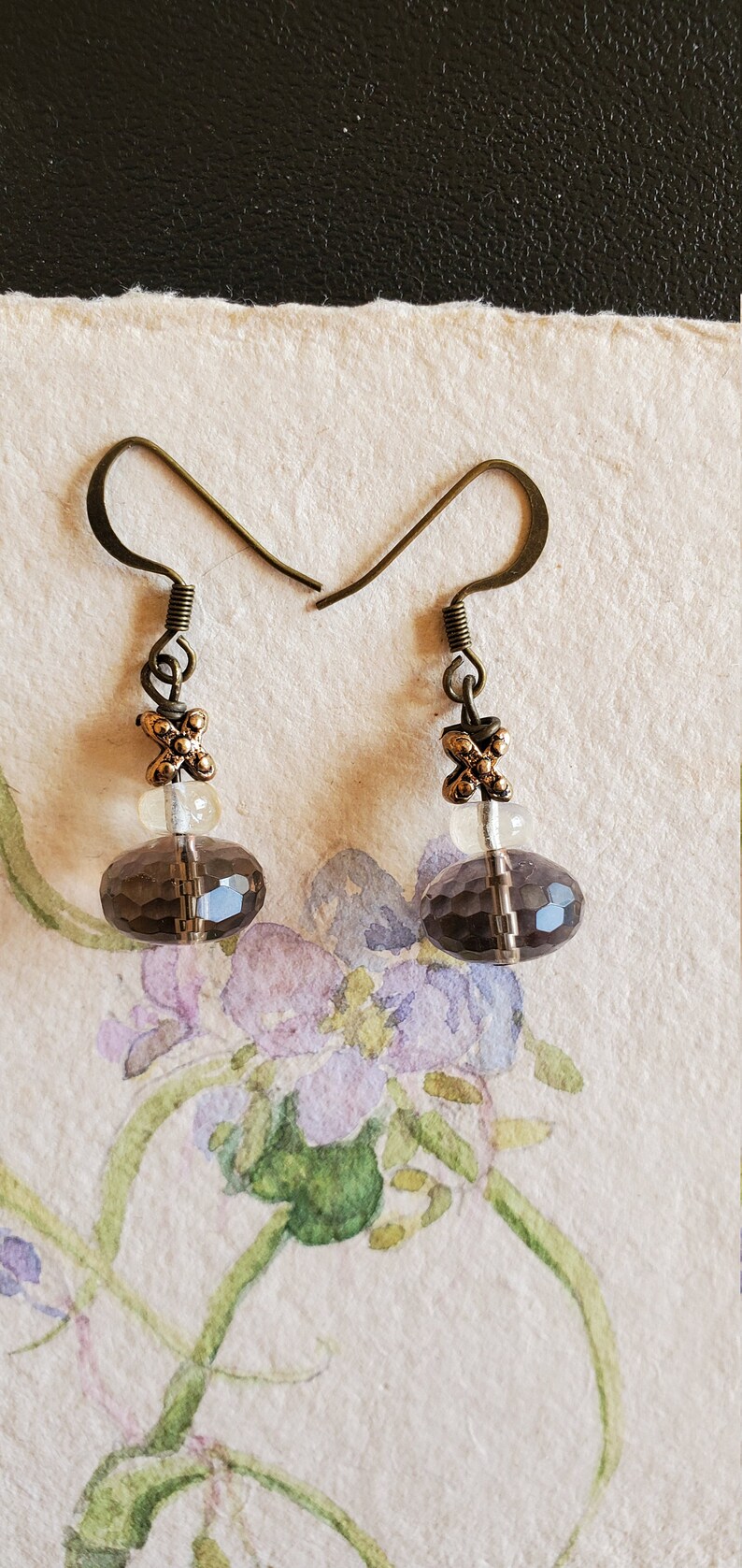 Smokie glass and brass earrings