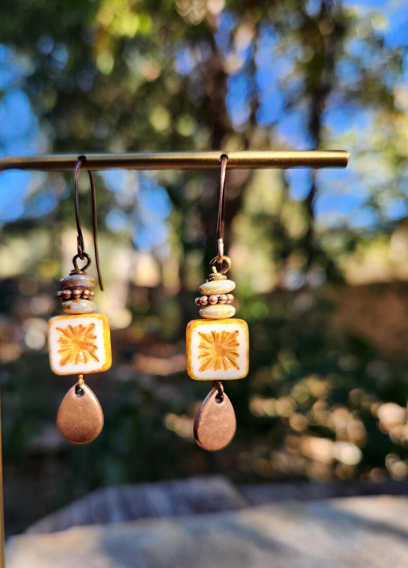 Best Seller!!! Alabaster: Earrings of Czech Glass Squares & Antique Copper Teardrops Dangles, More Than 300 Sold image 8
