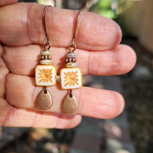 Best Seller!!! Alabaster: Earrings of Czech Glass Squares & Antique Copper Teardrops Dangles, More Than 300 Sold image 6