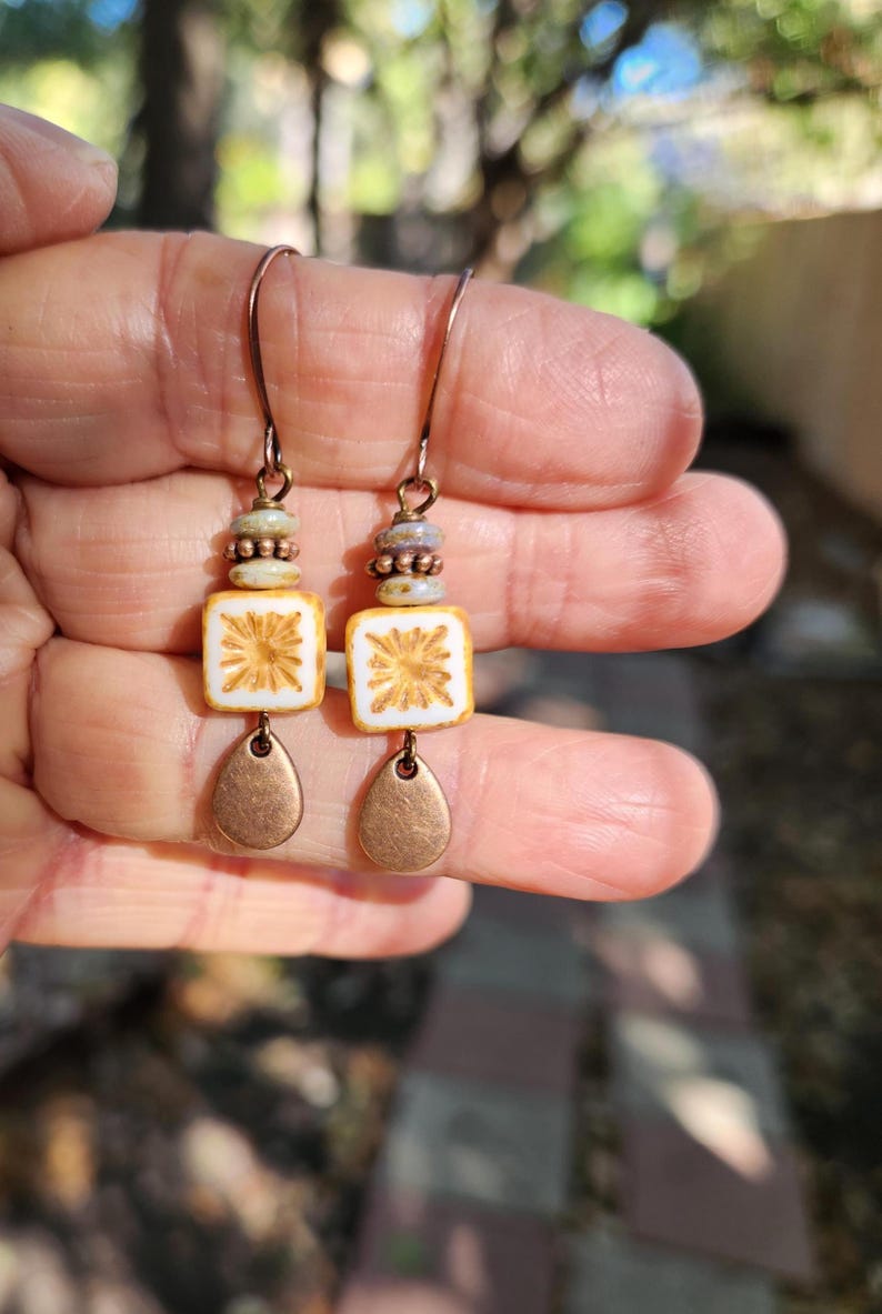 Best Seller!!! Alabaster: Earrings of Czech Glass Squares & Antique Copper Teardrops Dangles, More Than 300 Sold image 6