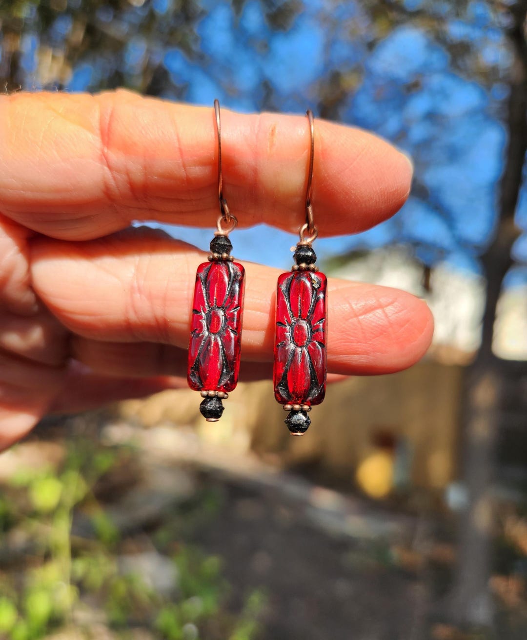 Rectangular Red Earrings Boho Exotic Red Etched Rectangle Earrings: Antique Copper Hooks & Czech ...