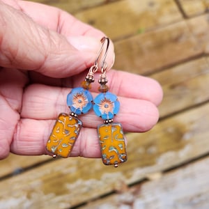 LAST ONES!!! Czech Glass Rectangle Earrings, Boho Burnt Orange Earrings, Blue Flower Czech Earrings, Shabby Chic Earrings