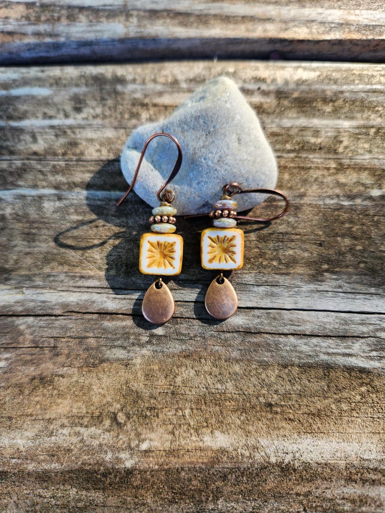Best Seller!!! Alabaster: Earrings of Czech Glass Squares & Antique Copper Teardrops Dangles, More Than 300 Sold image 5