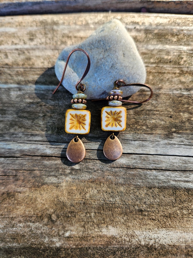 Best Seller!!! Alabaster: Earrings of Czech Glass Squares & Antique Copper Teardrops Dangles, More Than 300 Sold image 10