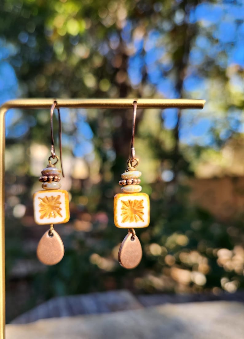 Best Seller!!! Alabaster: Earrings of Czech Glass Squares & Antique Copper Teardrops Dangles, More Than 300 Sold image 9