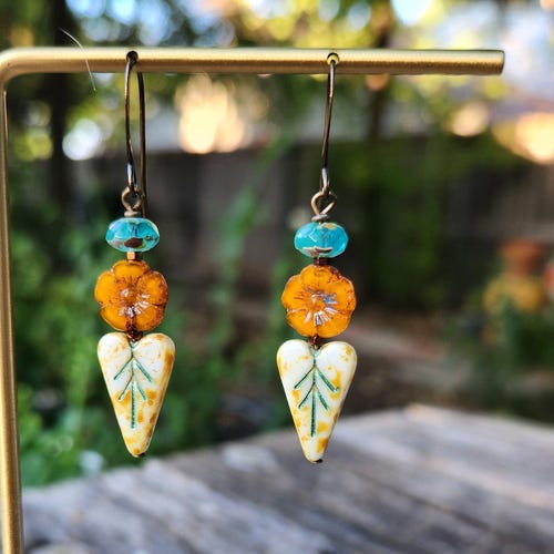 Boho Leaf Heart Czech Glass Earrings: Orange Flowers & Aqua/Turquoise Accent Beads