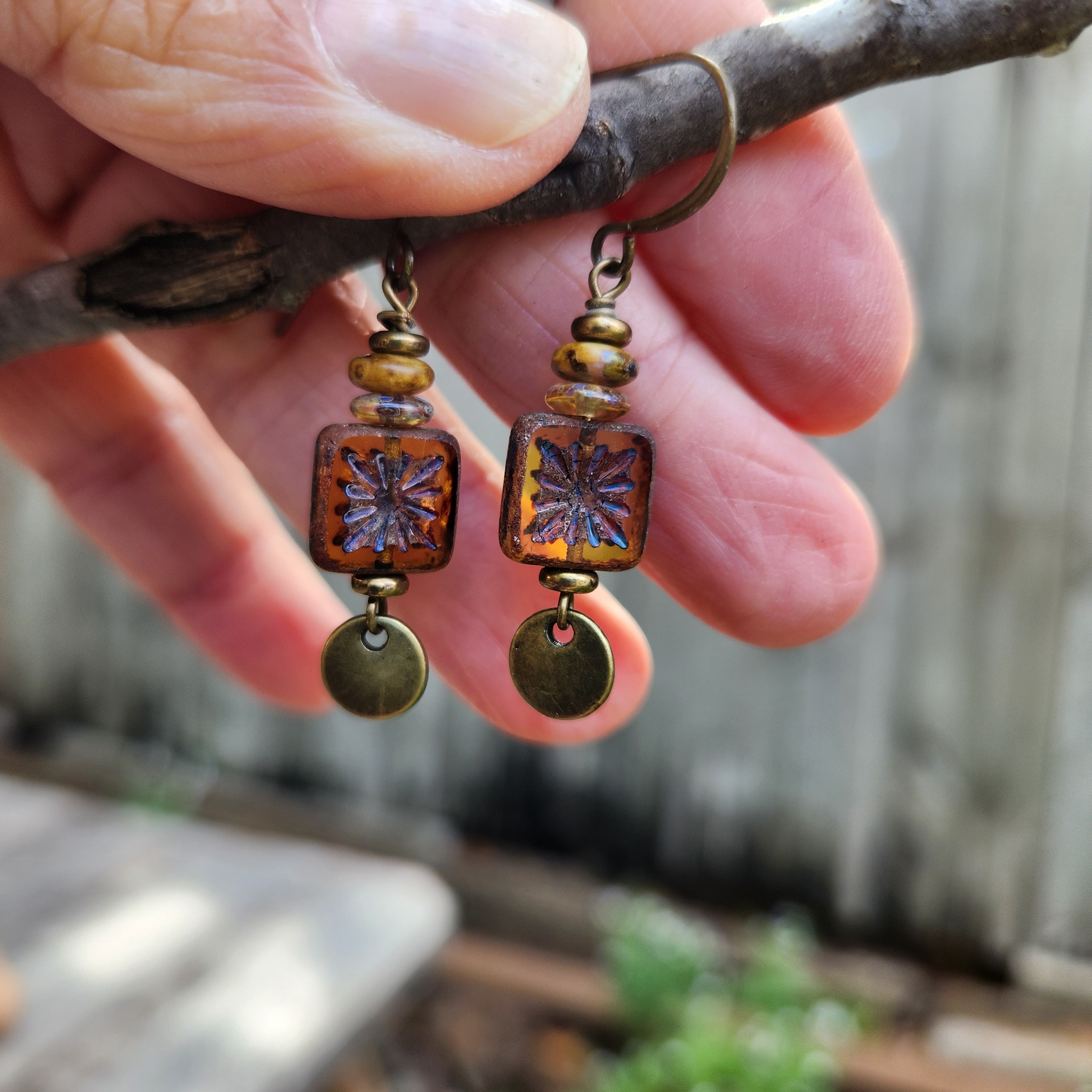 Bestsellers: Honey Colored Czech Glass Square Earrings, Nearly 100 Sold, Petite Boho Earrings, Lightweight Brass Dangle Earrings