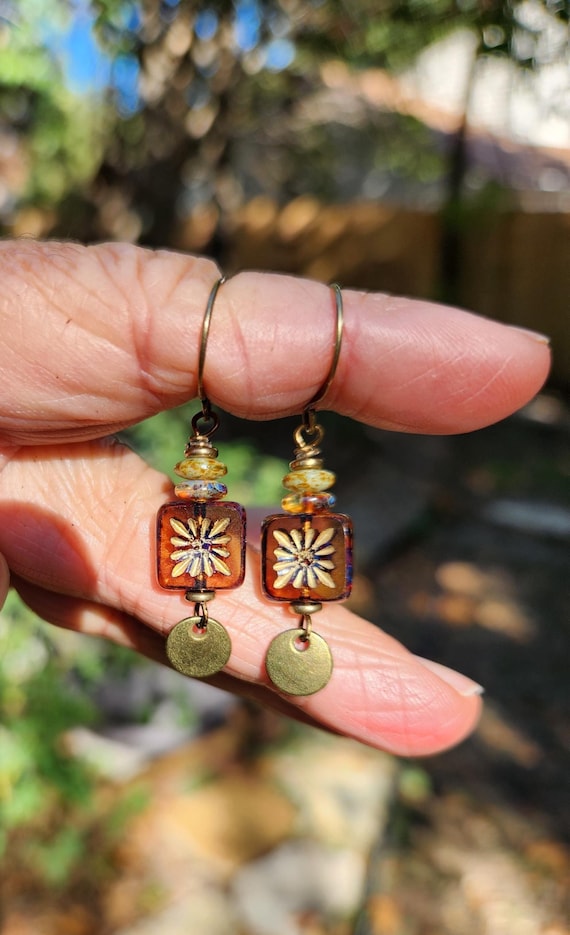 Amber Honey: Best Seller Earrings of Boho Czech Glass & Antique Brass Dangle, Lightweight, 200 Sold!!!