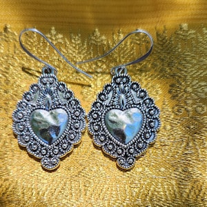 Ornate Antique Silver Milagro Heart Earrings, Frida Kahlo-Style Flaming Heart Earrings, Mexican Milagro, Santa Fe Style Jewelry