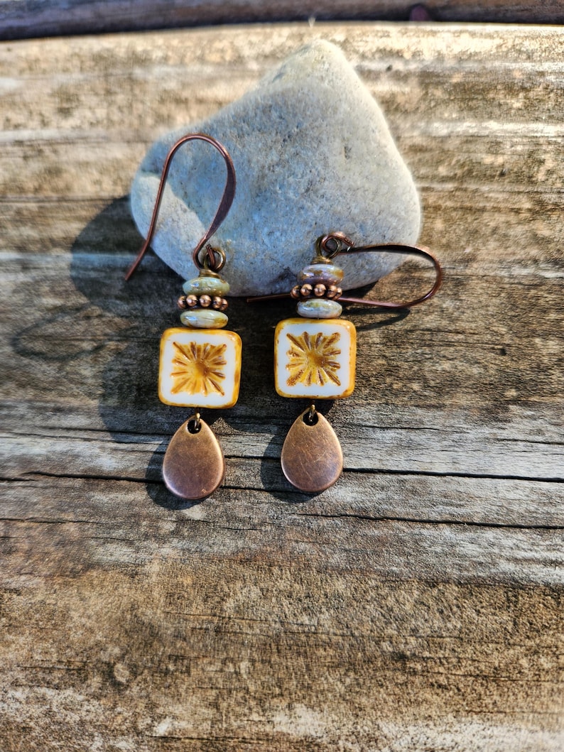 Best Seller!!! Alabaster: Earrings of Czech Glass Squares & Antique Copper Teardrops Dangles, More Than 300 Sold image 7