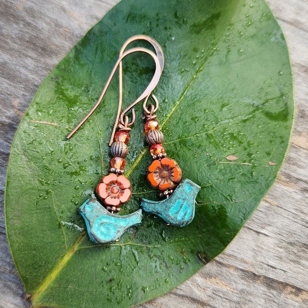 Copper Patina Bird Earrings, Petite Boho Turquoise Earrings, Orange Flower Czech Earrings, Shabby Chic Earrings, Copper Earrings