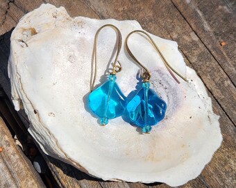 Blue Czech Glass Sea-Shell Earrings, Handmade