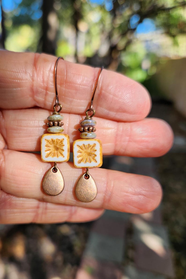 Best Seller!!! Alabaster: Earrings of Czech Glass Squares & Antique Copper Teardrops Dangles, More Than 300 Sold image 4