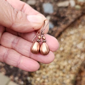 Copper Czech Glass Teardrop Earrings, Boho Czech Glass Earrings, Melon Bead Earrings, Copper Jewelry, Art Nouveau, Victorian Jewelry
