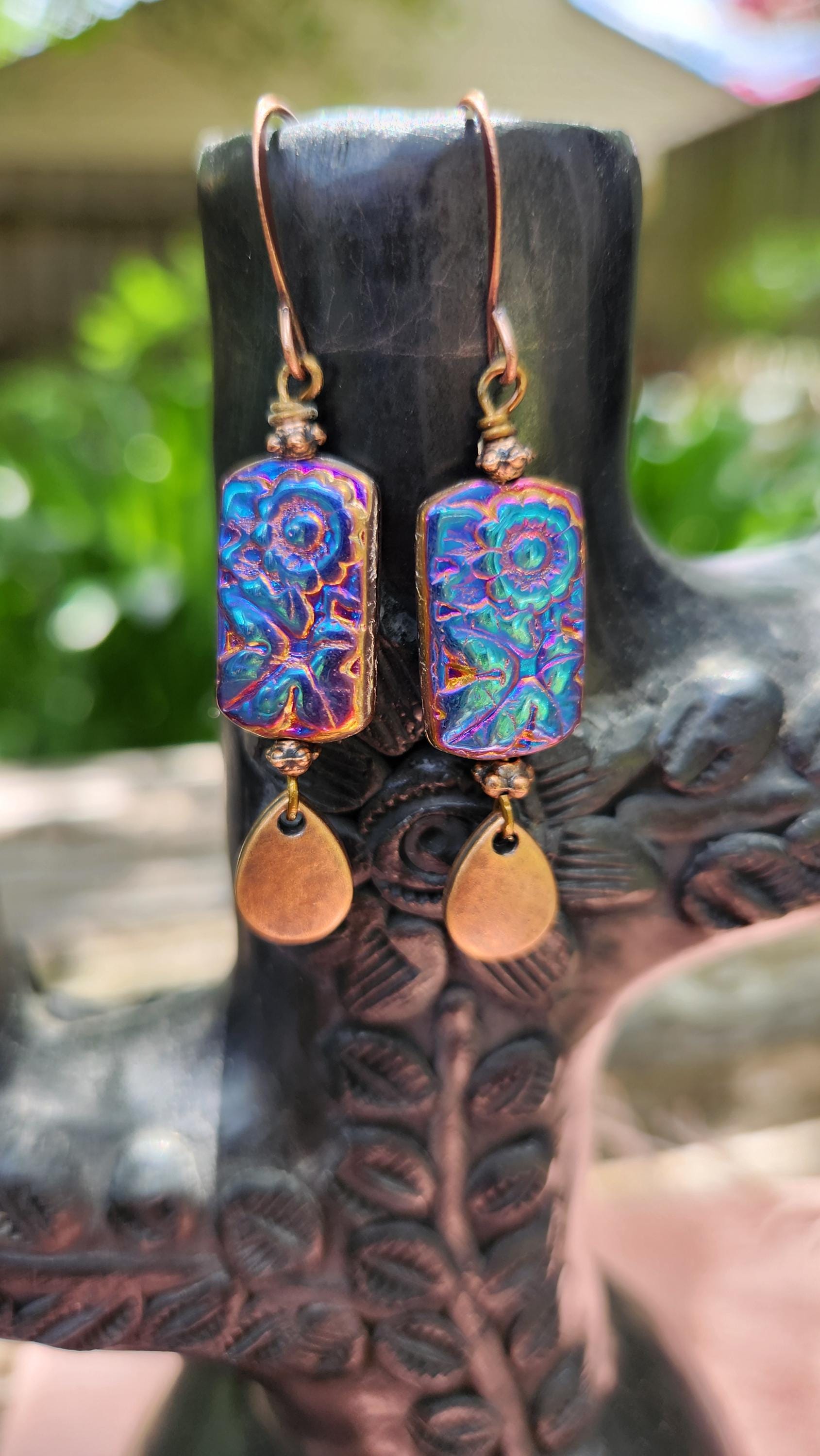 Metallic Czech Glass Rectangle Earrings, Boho Blue Dangle Earrings, Flower and Leaf Earrings, Copper Dangle Earrings