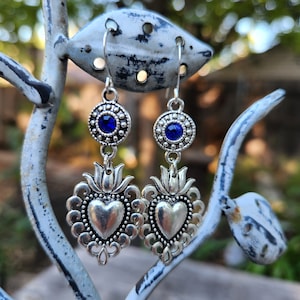 Cobalt Blue Heart Earrings, Milagro Heart Earrings, Sagrado Corazon, Flaming Heart, Mexican Style Cobalt Blue Rhinestone Earrings