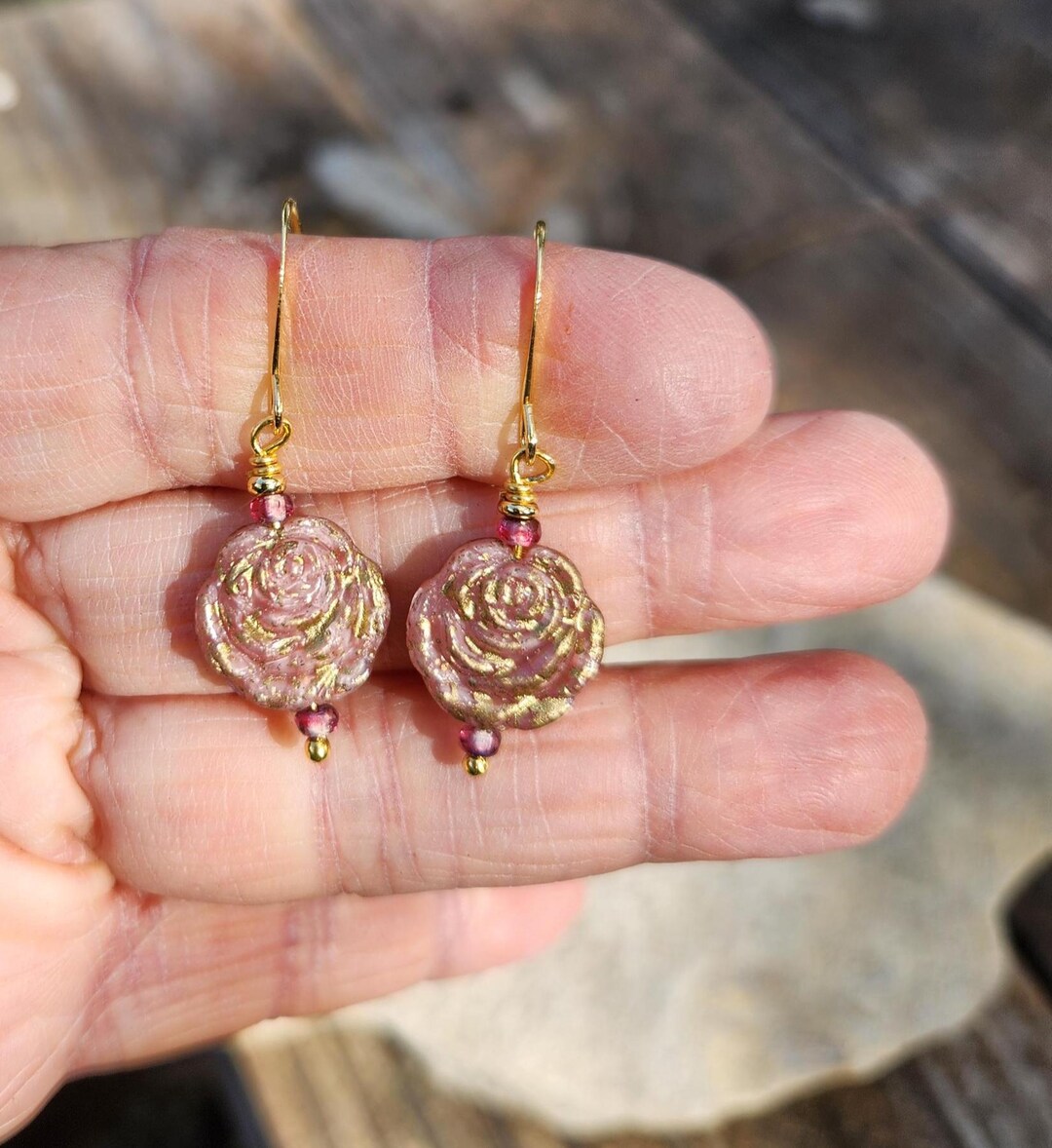 Dusty Rose Rhinestone Valentine's Dusty Rose With Gold Rain Earrings: Victorian Pink Czech ...