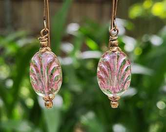 Art Deco: Earrings of Transparent Green Czech Glass With Pink Highlights & Antique Brass
