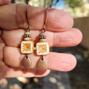 Alabaster: Best Seller Earrings of Starburst Czech Glass Squares & Antique Copper Teardrop Dangles, More Than 290 Sold, Handmade