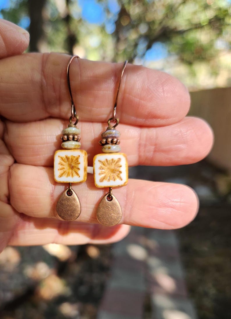 Best Seller!!! Alabaster: Earrings of Czech Glass Squares & Antique Copper Teardrops Dangles, More Than 300 Sold image 1