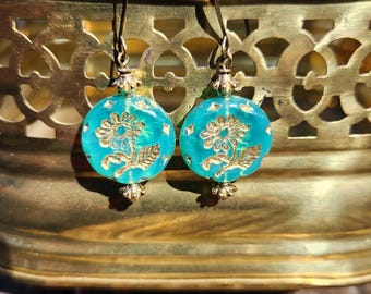 LAST ONES!!! Green-Blue Czech Glass Flower Earrings: Antiqued Brass Daisy, Boho Style, Handmade