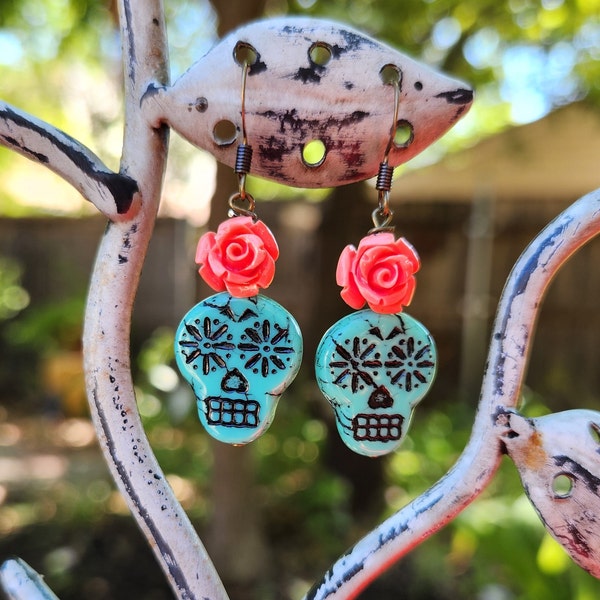 Santa Fe-Style Sugar Skull Earrings, Turquoise Czech Glass Earrings, Senorita Earrings, Dia De Los Muertos Earrings