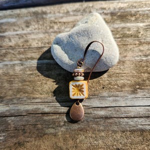 Best Seller!!! Alabaster: Earrings of Czech Glass Squares & Antique Copper Teardrops Dangles, More Than 300 Sold image 3